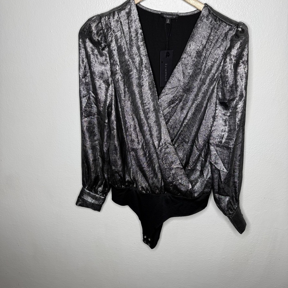 New Dynamite Long Puff Sleeve Silver Metallic Bodysuit Women's Medium Party‎